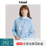 eland衣恋连帽卫衣女，冬学院风刺绣，加绒保暖运动上衣秋冬