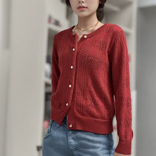 高档春秋季新款镂空针织开衫上衣女短款圆领长袖外套毛衣时尚外搭