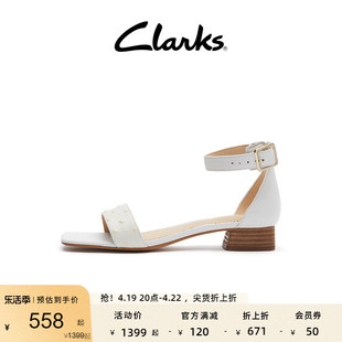 clarks其乐女鞋春夏法式方头，粗跟一字带动物，纹平底搭扣沙滩凉鞋女