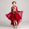 中式花童礼服公主裙女童生日中国风红色长袖儿童主持人礼服演出服
