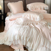 美谊家纺粉色床单四件套全棉纯棉140支蕾丝被套少女床上用品4