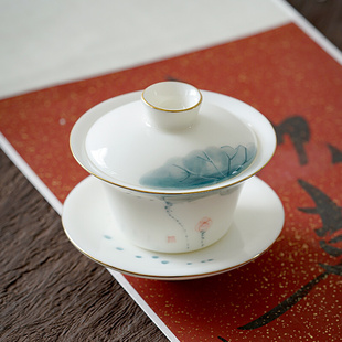 中国白羊脂玉三才茶盖碗茶杯手绘荷花白瓷功夫茶具套装手抓茶碗