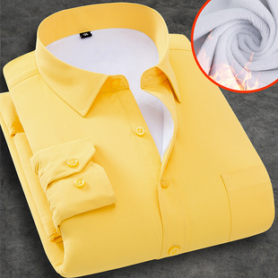 冬季加绒保暖衬衫男长袖时尚，商务休闲加厚黄色，衬衣男士打底衫棉衣