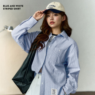 马登法式白蓝色(白蓝色，)条纹衬衫休闲棉麻长袖，衬衣套装上衣外套女