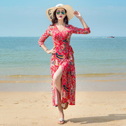 海边度假民族风情侣套装夏三亚旅游裹身连衣裙垂感知性长裙精致女