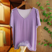 高级感紫色真丝绒t恤女短袖2024秋装高贵洋气宽松金丝绒上衣