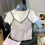 韩风chic少女叠穿网纱波点吊带，背心两件套短袖，t恤女小众上衣2024