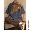 nagawl2024夏季美式复古港味潮牌宽松拼接短袖衬衫，男解构衬衣