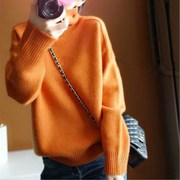 品牌秋冬高领短款套头宽松长袖橘色毛衣女大码针织打底衫