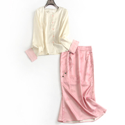新中式国风提花圆领卷边长袖外套粉色显瘦修身包臀鱼尾裙套装A312