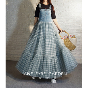 简爱花园原创设计牛仔背带连衣裙宽松遮肚外搭格子网纱蓬蓬裙