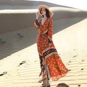 民族风长袖连衣裙夏季波西米亚巴厘岛海边度假沙滩裙女装长裙F566
