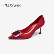 redswan红天鹅贝母方扣气质，高跟鞋真丝布，尖头浅口细跟单鞋女