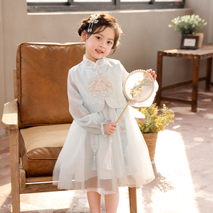 儿童中国风刺绣汉服，两件套古风套裙2023秋装，中大童短外套纱裙套装