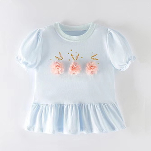 女童浅蓝色短袖纯棉宝宝夏装中小童套头上衣，女孩立体花朵裙式半袖