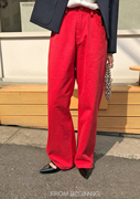 现！韩国东大门女装夏季复古红色扣子调节直筒阔腿牛仔裤
