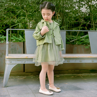 女童军绿色背心网纱蓬蓬连衣裙+短外套套装 韩版纱裙套装女童