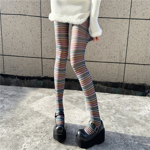 辣妹黑丝个性彩虹丝袜女小众，设计感彩色条纹连裤袜秋冬性感打底袜