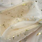 diy娃衣布面料紫藤竹叶汉服白底烫金数码印花水光纱雪纺