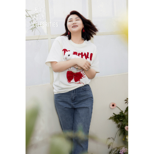 plusmall杨天真(杨天真)大码上衣女春季显瘦亲肤荃棉兔子印花圆领短袖t恤