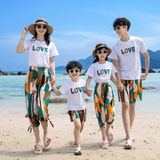 夏款沙滩海边亲子装2024母女装一家三口家庭装夏装九分裤套装