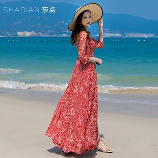 红色新中式国风旗袍，连衣裙长款女2024雪纺长裙，大摆海边沙滩裙