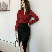 女装时尚春秋韩版OL长袖上衣衬衣酒红色气质通勤性感V领衬衫