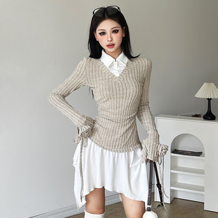 sylcue韩系学院风假两件长袖连衣裙女性感修身针织，拼接辣妹短裙子