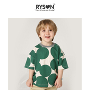 RYSON潮童装夏季上衣男女宝绿色波点满印水印宽松纯棉短袖T恤