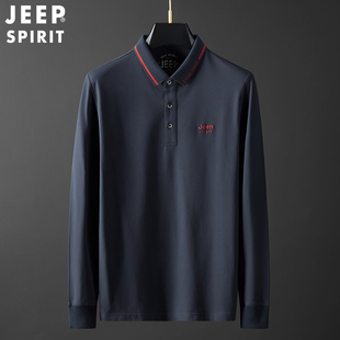 JEEP/吉普体恤秋季翻领男士POLO衫长袖纯棉T恤商务休闲刺绣上衣服