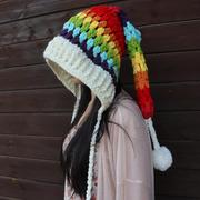 纯手工毛线帽子女冬季学生装彩虹长尾女巫针织帽加厚保暖