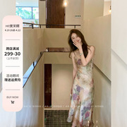 Hi美宋啊Dear塞西莉亚明媚古典油画风压褶斜裁收腰显瘦连衣裙