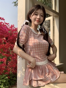 粉色甜美格子娃娃领短袖针织T恤女夏季修身短款韩版显瘦上衣