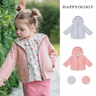 happyology英国儿童两面穿女童上衣秋冬装，童装拉链连帽衫男童外套