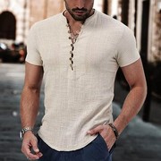 2024夏季外贸男士纯色简约V领休闲短袖亚麻衬衣Men's linen shirt
