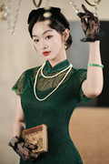 2024年春夏改良旗袍，绿色蕾丝气质高雅法式复古纯色连衣裙女装