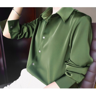 春秋夏季加大码缎面衬衫胖妹，mm200斤宽松显瘦抹茶绿长袖衬衣