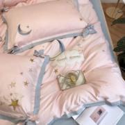 粉色小清新60支长绒棉，四件套五角星拼色床上用品，公主风蝴蝶结套件
