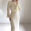 时尚优雅欧美女装秋季长裙气质压褶喇叭袖中长连衣裙白色纯色