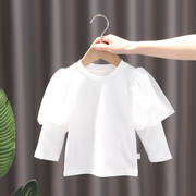 女童打底衫t恤2022春款宝宝，圆领泡泡袖，洋气长袖白色纯棉3上衣
