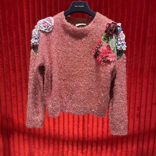 黄圣依同款玫红色立体提花重工刺绣花朵甜美长袖低圆领针织衫毛衣