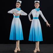 高档护士舞蹈服装演出服，女工作服表演服抗疫舞台装现代蓝色连衣裙