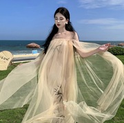 超仙女新中式国风抹胸连衣裙一字肩飘逸纱网甜美海边度假沙滩长裙