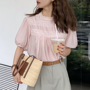 泡泡袖蕾丝雪纺衫女夏季t恤设计感法式独特别致甜美短袖衬衫上衣