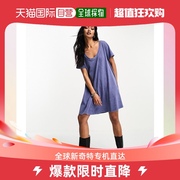 香港直邮潮奢asos女士，设计圆领飘逸迷你水洗蓝色连衣裙