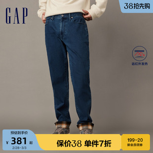 gap男装冬季远红外，发热保暖格纹拼接牛仔裤潮流，直筒裤836345