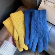 手套女冬季可爱韩版保暖学生，麻花双层毛线，针织加绒加厚手套分指潮
