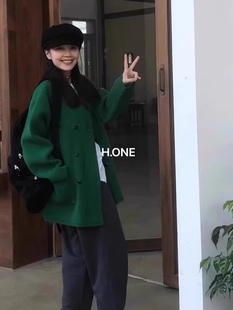 单色毛衣女(毛衣女)韩国hone绿色，羊毛高品质中长款针织开衫外套