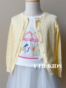女童三色镂空轻薄开衫儿童，奶油色黄色蓝色针织衫，夏季空调衫防晒