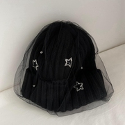 毛线帽针织帽白色黑色冬季帽子日本网纱女士可爱洋气蕾丝仙气带钻